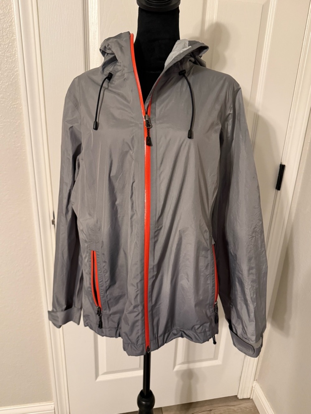 Orvis Gray Hooded Utility Jacket with Orange Zippers - Windbreaker with Hood
